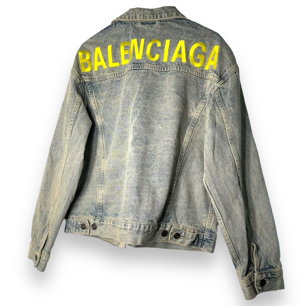 Balenciaga Denim Jacket Embroidered big logo Luxury Designer Men Sz 46 Washed